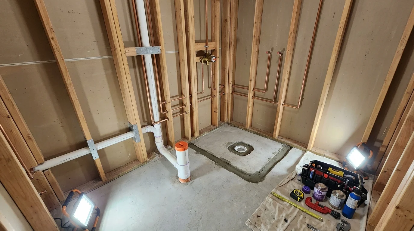 Bathroom rough-in plumbing during remodel by Johns Plumbing LLC in Fishers