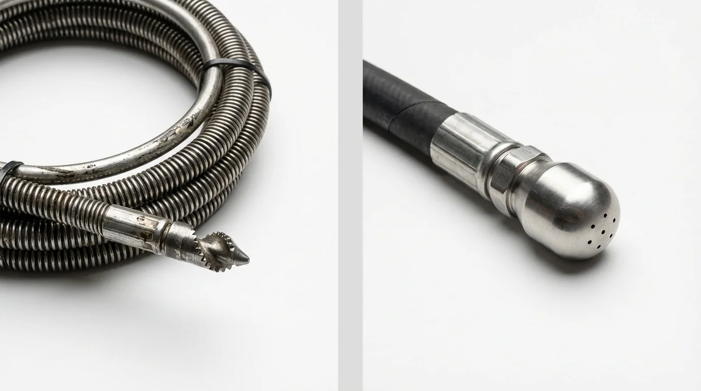 Drain snake cable and hydro jetting nozzle used for drain cleaning in Fishers, IN