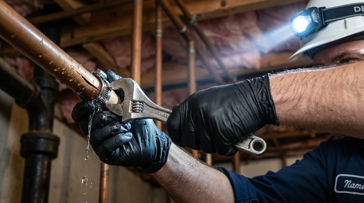Emergency pipe clamp repair being performed by a Johns Plumbing LLC plumber in Fishers