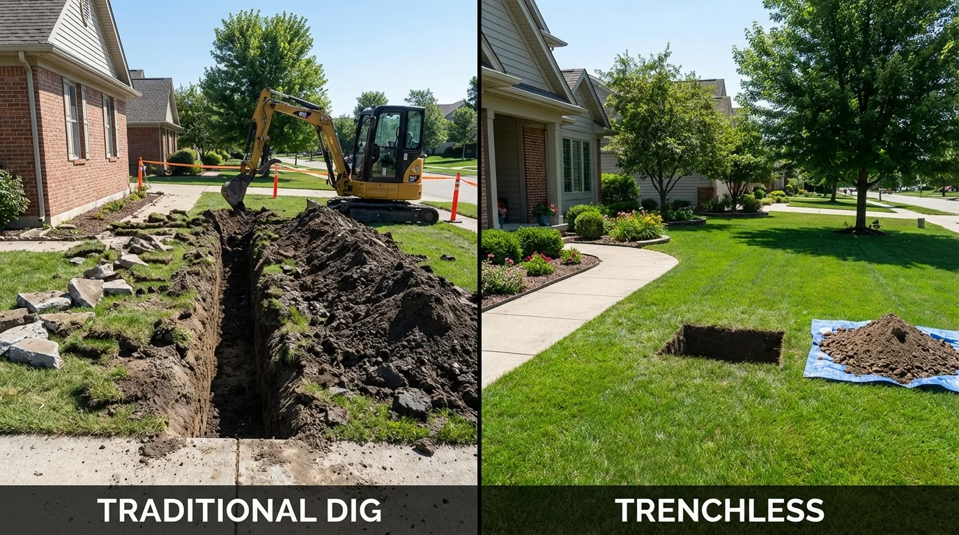 Trenchless sewer repair with minimal yard damage versus traditional excavation in Fishers, IN