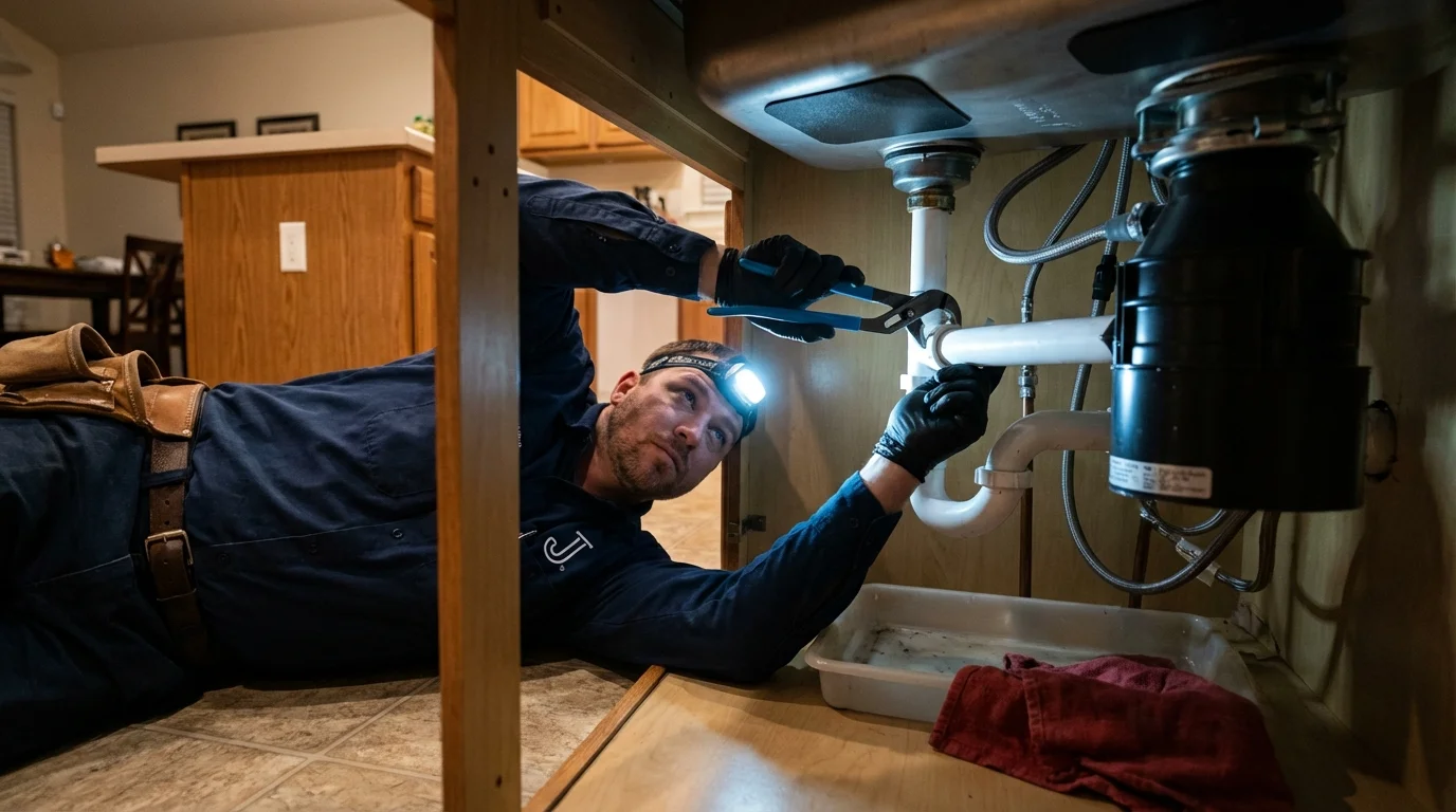 P-trap and supply line connections under a kitchen sink showing a common leak point in Fishers, IN